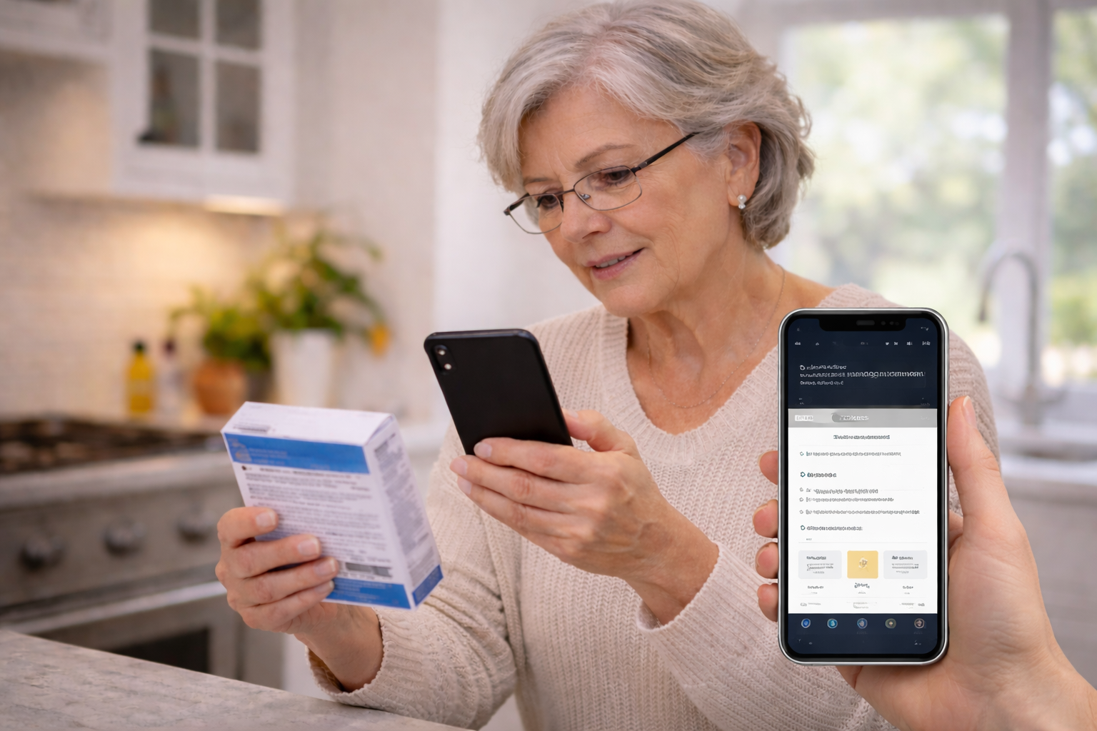 Elderly woman scanning a medication box with a smartphone in a bright kitchen.
