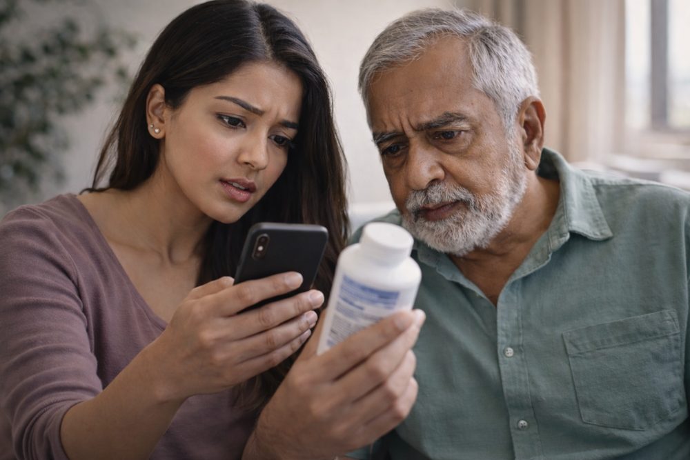 A younger woman helps an older man check a product label using the ClearaScan app at home.